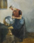 Robert Ives Browne (Dutch 1866-1956) watercolour, scullery maid about her duties, signed lower left,