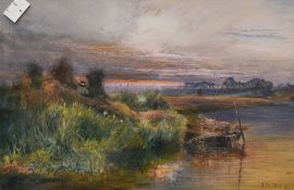 J.W Walker (British 19th century) watercolour, reed cutter on a riverbank at sunrise, signed an