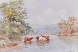 H Smithbirt (British 19th/20th century) watercolour, cattle watering, within an oak mount and