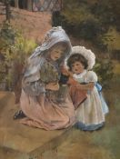 19th Century British School, watercolour/gouache, Two girls and a kitten, signed 'Flora...' to the