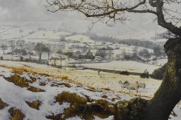 After Keith Melling. Colour print of 'Pendleside in Winter, Lancashire' from original oil