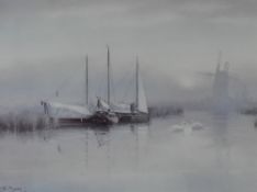 After David F. Dane (British contemporary) colour print, Norfolk Broads scene with boats and
