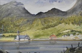 20th Century School, watercolour, A mountainous landscape with lighthouse to the middle ground,