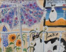 Ponckle (Fletcher) (British 1934-2012) mixed media on paper, cat in a garden setting, signed and