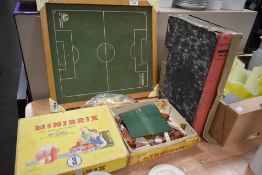 A shelf of mixed vintage Toys including Meccano, Minibrix part sets 1 & 3 and a Super Soccer table