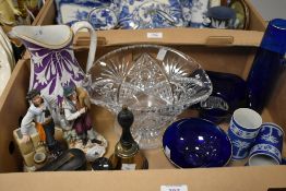 A large large jug with purple and white floral design etc. cut crystal oval dish AF, a cobalt blue