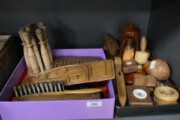 A selection of wooden items comprising spirit level, egg cup etc.