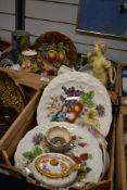 A Corona Ware rainbow lustre vase, a Baroness China fruits plate and matching jug, three posy