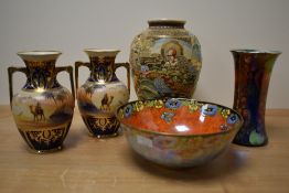 A pair of vintage Noritake Desert vases, a Japanese Satsuma vase, a Burleigh Ware lustre vase and
