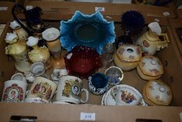 A vintage Fenton Blue opal glass bowl, a cranberry glass dish, a cobalt blue glass vase with