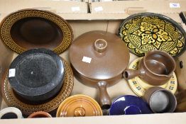 A granite mortar and a selection of stoneware including three Wedgwood 'Sierra' 1970's brown