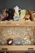 Two cartons of assorted items including a Mason's candlestick with snuffer, miniature ginger jar and