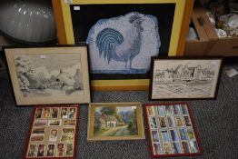 A collection of assorted pictures including a large framed cockerel print and cigarette cards etc.