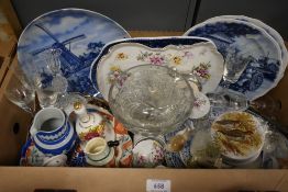 A selection of blue and white plates including four Delft display plates, two vintage Oriental style