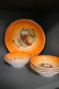 A 20th Century Czechoslovakian orange lustre glazed dessert set, stamped 'Victoria' to the underside