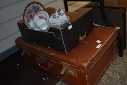A vintage cardboard suitcase, a Chinese part tea service having gilt edging and rose decoration