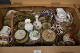 Two Wedgwood vases, Kutani Crane and Clementine pattern, a vintage petit point dressing table set