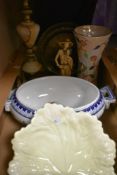 A Carlton ware lettuce leaf plate, an Arthutr Wood lustre vase, a marble table lamp and a brass tray