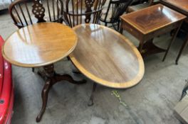 An inlaid side table together with a tripod table and an oval tripod table