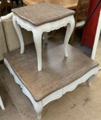 A grey painted and stripped coffee table of square form together with a matching side table