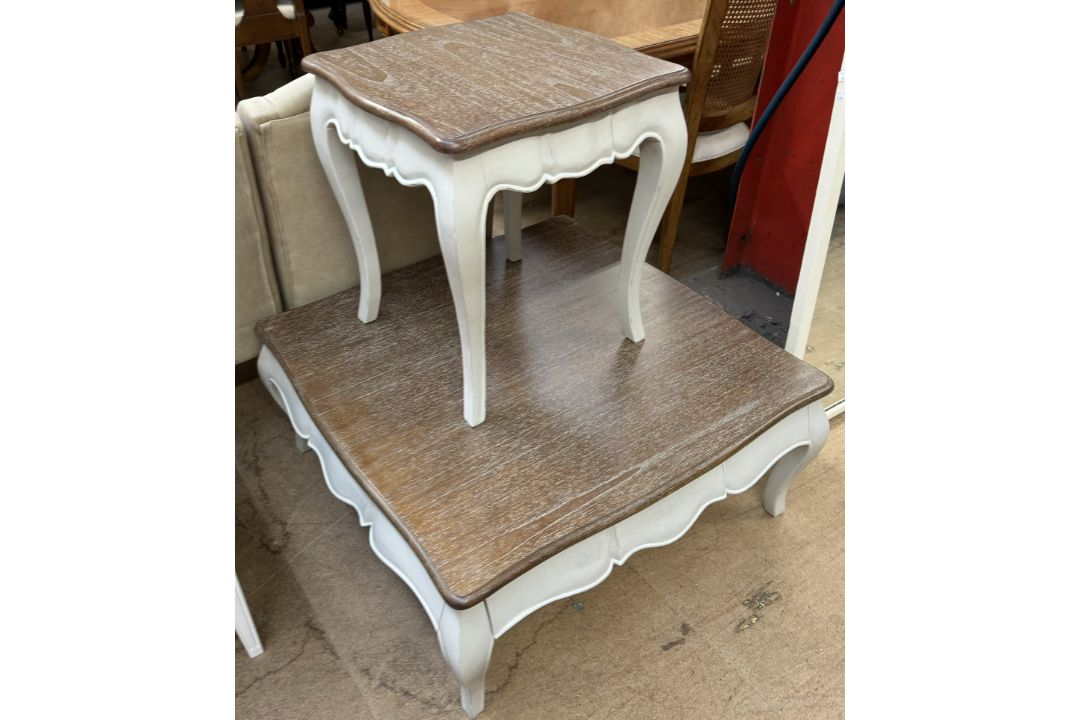A grey painted and stripped coffee table of square form together with a matching side table