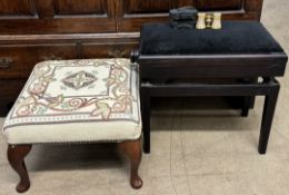 A piano stool together with an upholstered foot stool and a pair of opera glasses