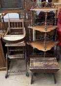 A child's metamorphic high chair together with a whatnot and a milking stool,