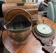 A copper coal scuttle together with an aneroid barometer and a Singer Sewing machine