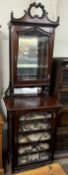 An Edwardian mahogany chiffonier with a carved cornice above a bevelled glazed door,
