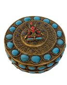 Turquoise & coral, brass round lidded box