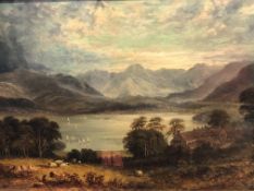 Victorian oil on board mountain & lake scene, sign