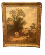 Oil on canvas rural scene horse & cart with figure