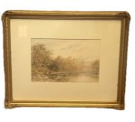 Framed watercolour castle lake & bridge scene sign