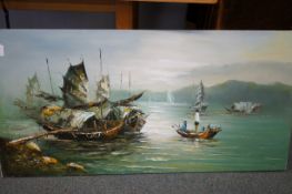 Large oil on canvas (on board) Chinese junks Lengt