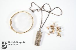 9ct Gold Earrings, Silver Ingot and Bangle