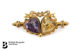 9ct Yellow Gold Citrine and Amethyst Brooch