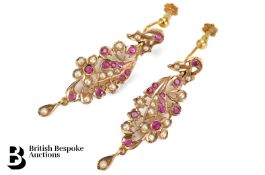 Pair of 14ct Yellow Gold, Ruby and Pearl Earrings