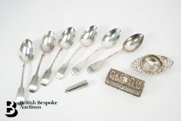 Silver Tea Strainer, Dinner Spoons, Box and Gold and Amber Cigarette Holder