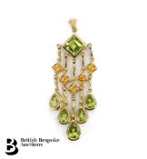 9ct Gold Peridot and Citrine Drop Pendant