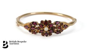 9ct Gold Garnet and Pearl Floral Bangle