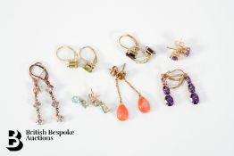 Seven Pairs of 9ct Gold and Semi-Precious Stone Earrings