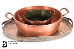 Large Copper Pans and Silver Plated Tray