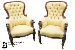 Pair of Cream Button Back Mahogany Armchairs