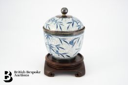 Blue and White Silver Rimmed Pot and Cover