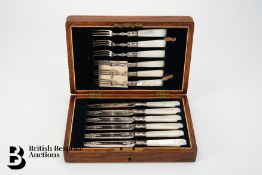 Edwardian Mother of Pearl Silver Collared Fruit Knife and Fork Set