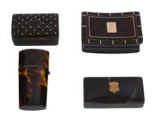 Three early 19th century tortoiseshell snuff boxes and a scent bottle holder