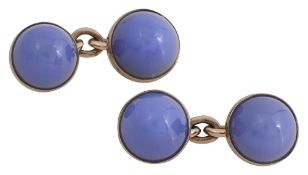 A pair of chalcedony and yellow gold cuff links
