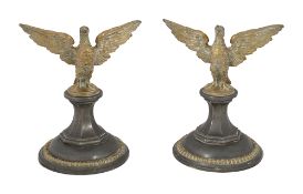 A pair of brass eagles on plinths