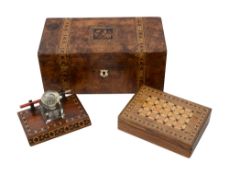 A Victorian Tunbridge ware rosewood table inkstand and two boxes