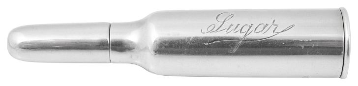 A George V novelty silver rifle cartridge sugar canister